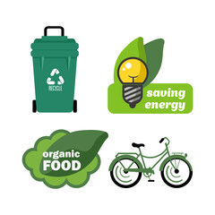 Set of ecological icons. Green energy concept. Garbage separation. Energy saving. Organic food. Vector flat illustration.