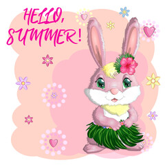 Cute rabbit, hare in Hawaiian clothes dancing hula. Wreath and garland of flowers, beach, vacation, vacation concept.