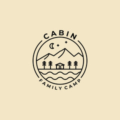 mountain cabin minimalist line art badge logo icon template vector illustration design