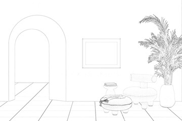 A sketch of the modern interior with a blank horizontal poster on a wall near an arch, a modern coffee table, an armchair, and a plaid on a footstool next to a house plant in a pot. 3d render