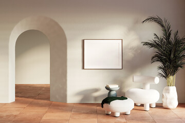 Fototapeta na wymiar Modern interior with a blank horizontal poster on a light green wall near an arch, a modern coffee table, an armchair, and a dark green plaid on a footstool next to a house plant in a pot. 3d render