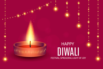 Decorative happy diwali banner with hanging lights and diya
