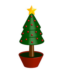 3D Green Christmas tree decorated with yellow star and red balls over the vase. PNG illustration isolated on transparent background.