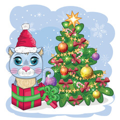 Cute cartoon cat in Santa's hat near the decorated Christmas tree. Winter 2023, Christmas and Chinese New