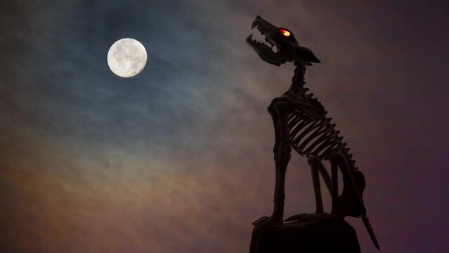 Halloween skeleton hellhound howling at the moon with red glowing eyes, eerie clouds sweeping past.
