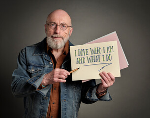 I love who I am and what I do - positive affirmation words presented by a senior confident and...