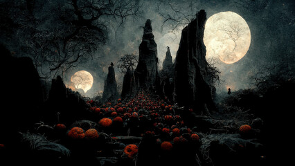 Creepy night. Halloween background. AI render.