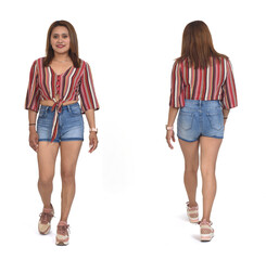 back and front onf same woman with sneaker and shorts walking on  white background