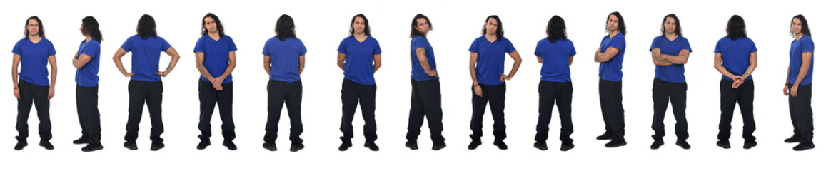 Obraz premium line of large group of same man various poses with sportswear on white background