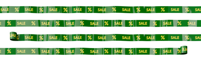 Realistic dark green sale curved tapes with discount sign isolated on transparent background. Ribbon tape for advertisements. Big sale. Mega sale. Discount. Decorative element for banners.