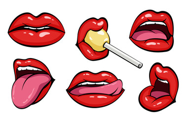 Red lips in pop art style. Set of sexy female lips with different emotions, kiss, half-open mouth, lip licking, show tongue, mouth licks chupa chups, sucks lollipop. Isolated. Cartoon illustration - 533757579