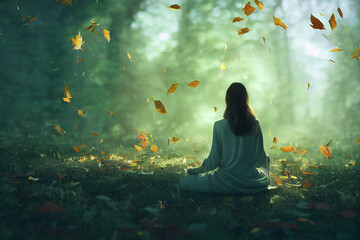 Eine Frau betreibt Meditation im Wald im Herbst
