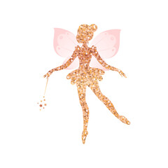 Gold sparkling fairy silhouette. Illustration of a ballet dancing fairy in the cartoon style isolated on a white background. Vector 10 EPS.