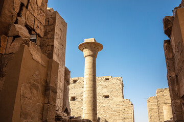 Different hieroglyphs on the walls and columns in the Karnak temple. Karnak temple is the largest...