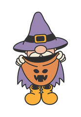 Halloween Gnome with candy bag. Vector design on isolated background. Cartoon style. For print and web.