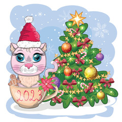 Cute cartoon cat in Santa's hat near the decorated Christmas tree. Winter 2023, Christmas and Chinese New