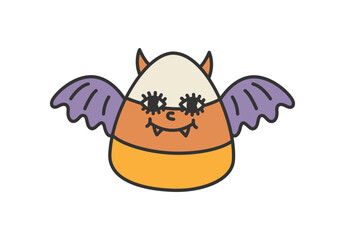 Halloween candy corn with bat wings. Funny face. Vector design on isolated background. Cartoon style. For print and web.