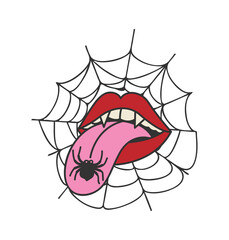 Retro Halloween Vampire Mouth. Mouth and tongue, spider web. Hippie vector design on isolated background. Cartoon style. For print and web.