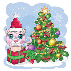 Cute cartoon cat in Santa's hat near the decorated Christmas tree. Winter 2023, Christmas and Chinese New