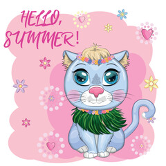 Cartoon cat dressed as a hula dancer under the ukulele, Hawaii. Summer, vacation. Cute child character, symbol of 2023