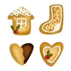 Christmas cookie set. 3d vector ginger biscuit Xmas cute cookies house, socks, heart