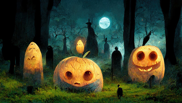 Halloween. Happy pumpkins. AI render.