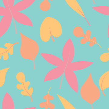 Bright seamless pattern. Colorful autumn leaves on a turquoise background.
