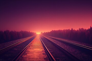 Fototapeta na wymiar railroad tracks at sunset, railroad. 3d render, Raster illustration.
