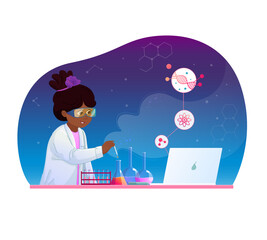 STEM. The student makes chemical experiments on the video lesson. Chemistry online learning concept. Vector illustration for design and decoration. Laboratory work.