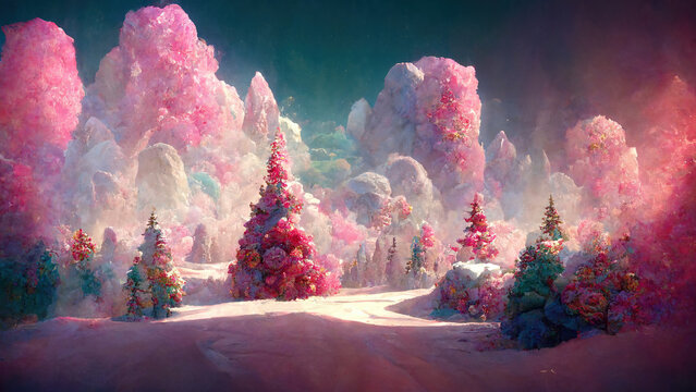 Fairy Christmas forest. AI render.