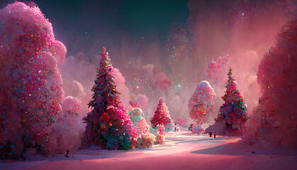 Fairy Christmas forest. AI render.