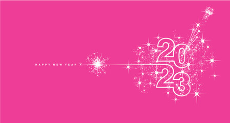 New Year 2023 line design typography fireworks champagne white leni pink background vector greeting card