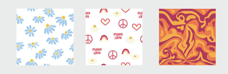 1970s Set of retro seamless pattern. Floral, swirl, mushrooms, peace symbol, camomile, smile.