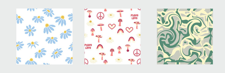 1970s Set of retro seamless pattern. Floral, swirl, mushrooms, peace symbol, camomile, smile.