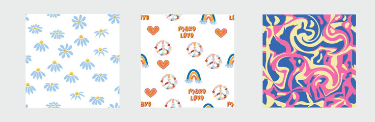 1970s Set of retro seamless pattern. Floral, swirl, mushrooms, peace symbol, camomile, smile.