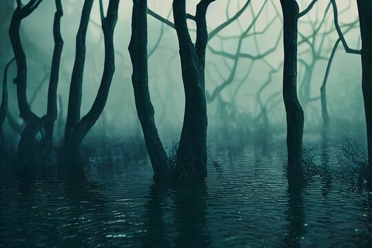 Dark and misty forest trees in the water with a green light