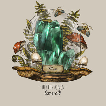Vintage birthstones, Emerald gemstone, May magic illustration