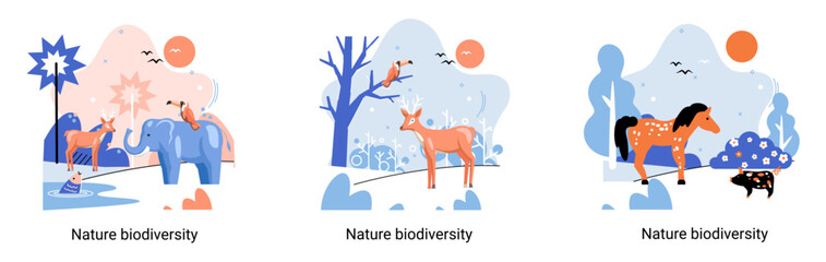 Naklejka na ściany i meble Biodiversity in nature as environment variety of life on Earth planet. Saving wildlife ecosystem metaphor. Protection and care of flora and fauna, eco friendly human activity, many biological species