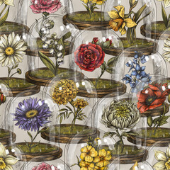 Vintage birth flowers seamless pattern, Fairy flowers, flower shop magic fabric, wicca texture