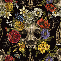 Vintage Animal Skull Seamless Pattern, Blooming Forest Flowers