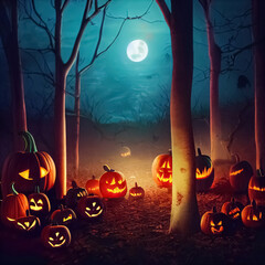 Spooky mysterious Halloween night forest with glowing pumpkins Jack O’ Lanterns. 3D illustration.