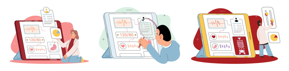 Fototapeta premium Online medical consultation and support metaphor. Online doctor. Healthcare services, Ask doctor. Tele medicine e-health service. Therapist videocalling phone screen. Diagnosis treatment of patients