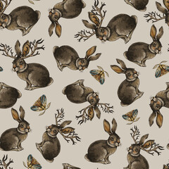 Mystical hare with horns seamless pattern. Vintage wicca texture, fantasy creature © Belus