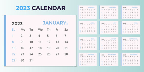 Monthly calendar template for 2023 year. Planner diary in a minimalist style.2023 calendar in minimal table and blue color event planner, Corporate and business calendar. Week Starts Sunday