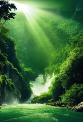 Fototapeta premium Majestic magical fantasy landscape with mountains, river, waterfall, sun rays. 3D illustration.