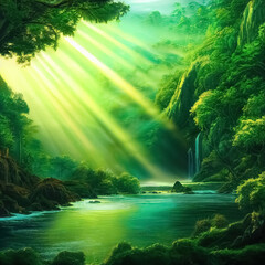 Majestic magical fantasy landscape with mountains, river, waterfall, sun rays. 3D illustration.