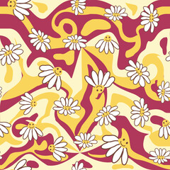 Retro Smile Chamomile Seamless Pattern on 1970 Wavy Swirl Seamless Pattern. Hippie Aesthetic.