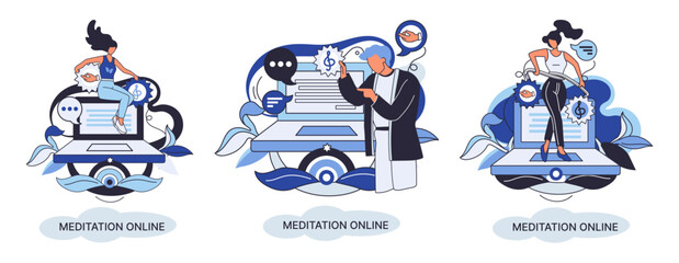 Meditation online metaphor. Classes on laptop, practicing yoga, mental exercises. Live stream, internet education. Wellness practice restore peace mind. Healthy lifestyle, clearing brain and managing