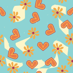 Love heart, daisies, waves of positivity retro 70s seamless pattern. Yellow, orange, red scattered heart shapes on a swirling background
