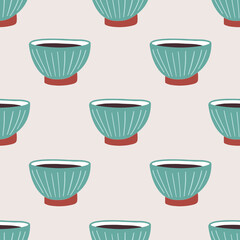 Seamless pattern of green cups. Cute vector illustration. Design print to social media, textile, wallpaper, wrapping paper, poster, flyer, poster. Element for pottery shop, tableware, craft home decor